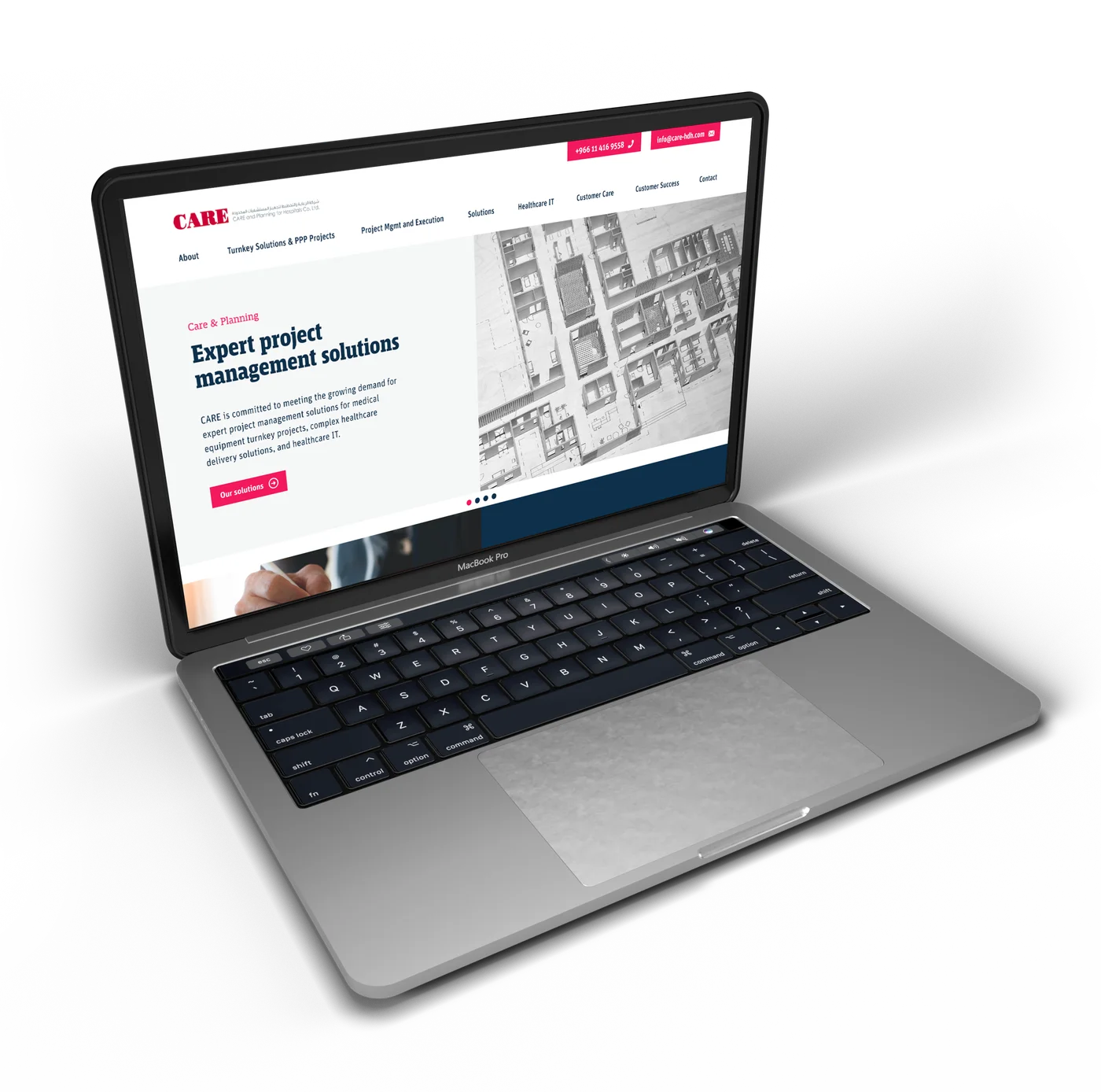 Medico's homepage design for CARE & Planning for Hospitals, shown on a laptop